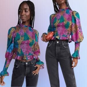 FARM RIO Leopard Rainbow Mix Blouse Smocked Ruffle Boho Cottagecore Glam Indie